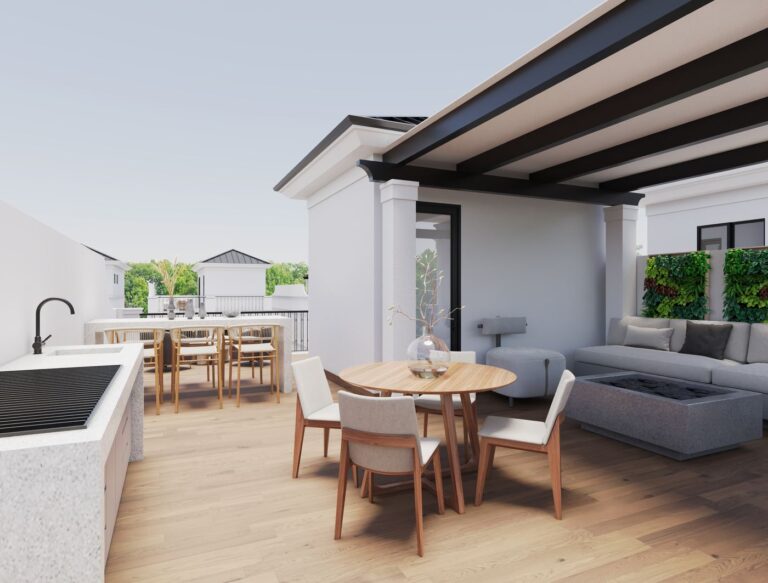 Terraza con pérgola del modelo Cedrela