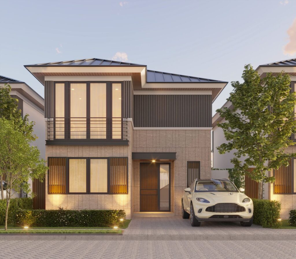 Fachada frontal del modelo Laurel sin pérgola sobre el estacionamiento