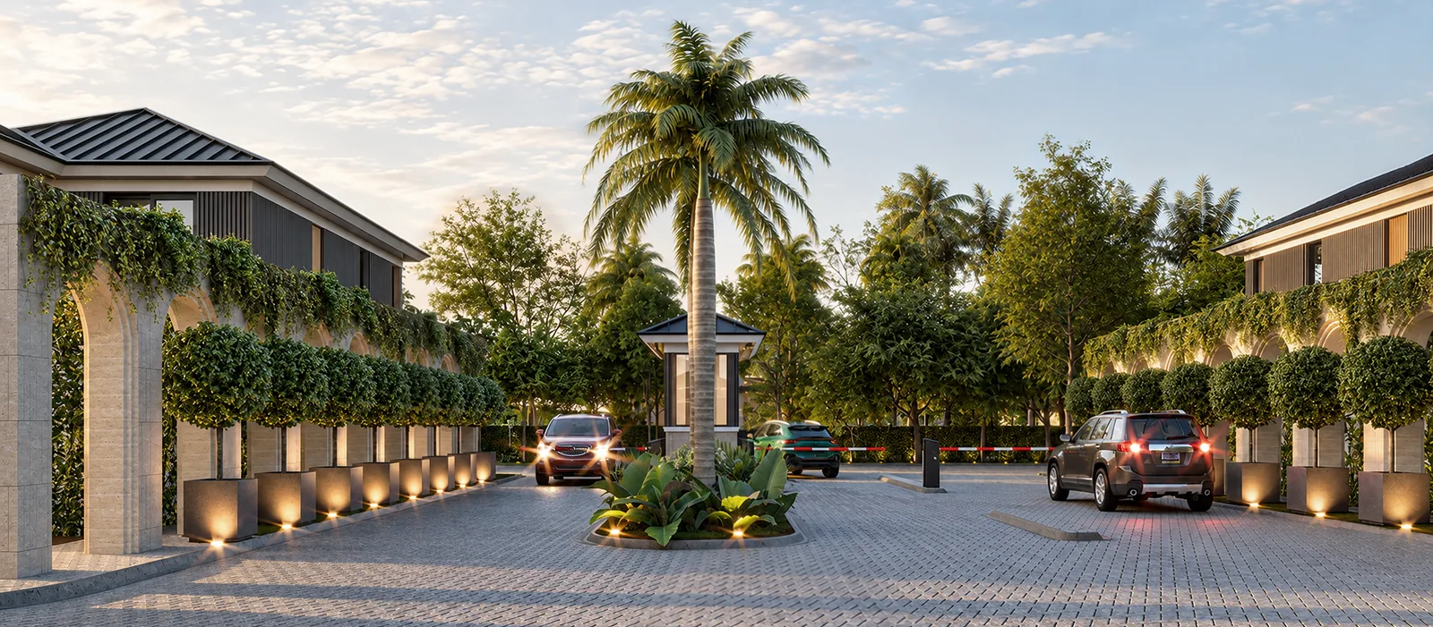 Garita de etapa de Savá con jardineras y autos ingresando